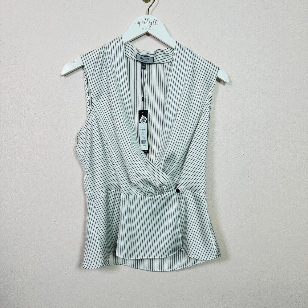BCBG White and Navy Sleeveless Pinstripe Wrap Top, Size Small